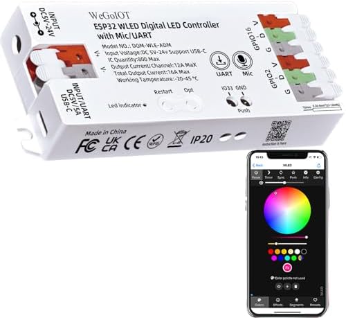WeGoIOT ESP32 WLED LED Strip Controller Mic UART USB Type-C Download Music Sound Dynamic Mode DIY WiFi APP Control for SM 16703P WS2811 WS2812B SK6812 FL19038 WS2805 IC FCOB Addressable Strip Light