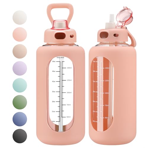 SIEROZUR 64 oz Glass Water Bottle with Straw and Handle Half Gallon Large Water Bottle with Silicone Sleeve and Time Marker Sports Water Jug Wide Mouth for Travel Gym