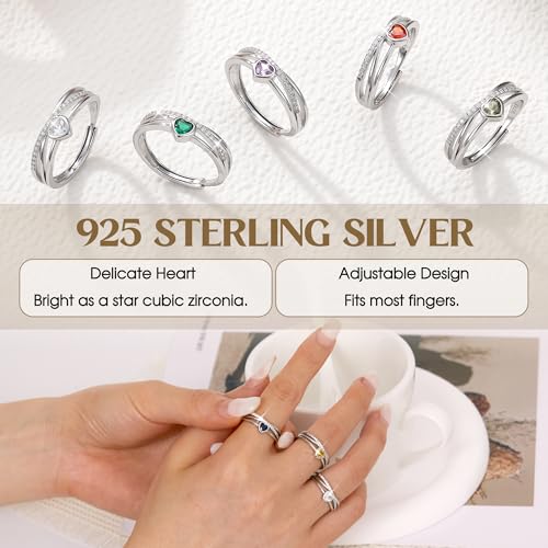 JeweBella Anillo Plata de Ley 925 Mujer Ajustable Anillos Corazón Piedras Cumpleaños Circonita Cúbica Anillos de Compromiso Pedida Promesa Anillos Mujer de Aniversario Amistad - imagen 3