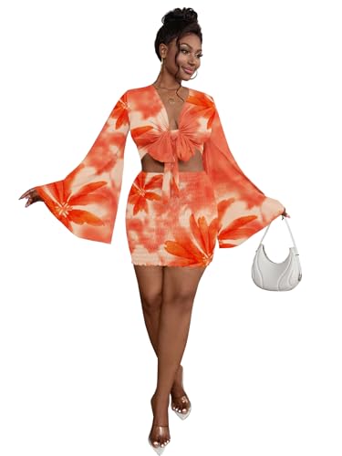 Image of LYANER Women 2 Piece Vacation Outfits Tie Knot Front Bell Long Sleeve Crop Top and Mini Skirt Summer Set