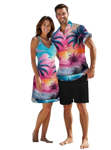 Image of DRESSFO Couple Matching Hawaiian Outfits Gothic Print V Neck Spaghetti Strap Dress or Roll Up Sleeve Shirts Outfit