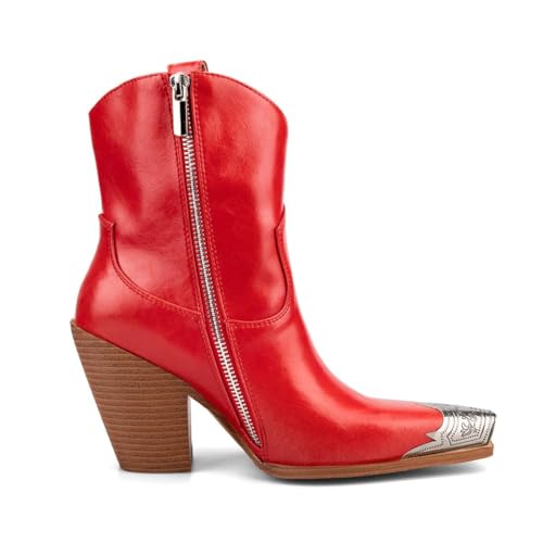 Image of Cowboy Ankle Boots for Women Engraved Steel Toe Cowgirl Boots Stacked Block Heels Short Cowboy Boot Fashion Dressy Western Country Booties
