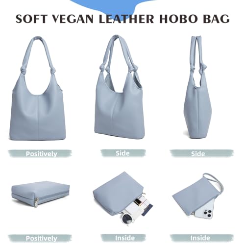 Vegan Leather Hobo Purses set, Slouchy Shoulder Bag Knotted Hobo Bags for Women with a small Purse and Clutch Handbag (Blue) by Jorebill - Image 3