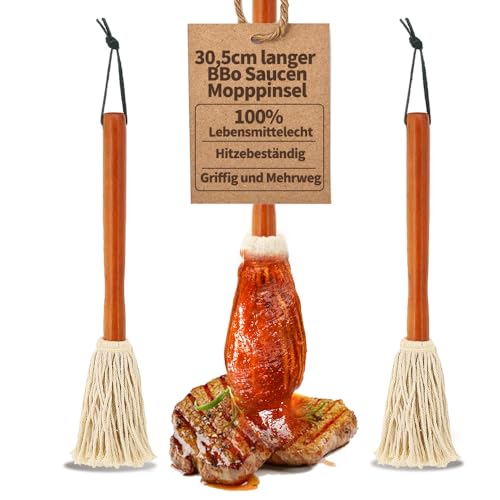 Grill-Mops-Zubehör zum Räuchern oder Grillen, zum Auftragen von Grill-Sauce, Marinade oder Mop-Sauce, saugfähiger Kopf aus 100 % Baumwolle, 30,5 cm Griff aus natürlichem Hartholz, spülmaschinenfest