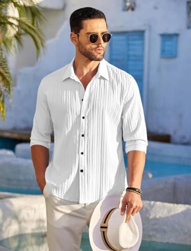Image of FINIVO FASHION Combo of Men's Casual Cotton Plain Button Down Shirt Long Sleeve Textured Summer Beach Shirt for Men Pack of 3