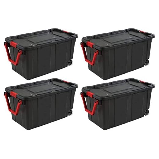 STERILITE 14699002 40 Gallon/151 Liter Wheeled Industrial Tote, Black Lid & Base w/Racer Red Handle & Latches, 4-Pack