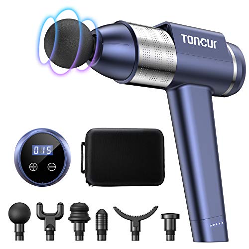 Pistola de Masaje Muscular, TONCUR Masajeador de Músculos de Tejido Profundo Ultra Silenciosos 38 dB Massage Gun, 30 Niveles Ajustables, 3200 RPM, Diseño 105°, 6 Cabezales de Masaje, para Relajación