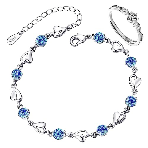 Pulsera Plata Mujer, Pulsera Mujer Plata De Ley 925, Pulseras Plata Mujer, Pulsera Plata Mujer 925 Pulsera de Corazón Ajustable con 1 Anillo de Plata, Pulseras De Plata Mujer para Mujer y Niña (Azul)