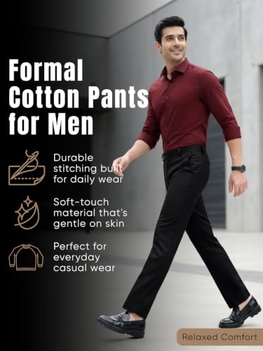 Image of GRECIILOOKS Men's Formal Cotton Blend Trousers, Slim Fit Office Wear Pants with Button Closure, Wrinkle Resistant Smart Casual Workwear Bottoms
