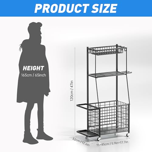 ZHOOGE Sports Equipment Organizer Garage Storage Organization, Garage Organizer Ball Storage Rack Rolling Cart with Basket and Hooks for Toy/Sports Gear Storage Indoor/Outdoor Use, Black