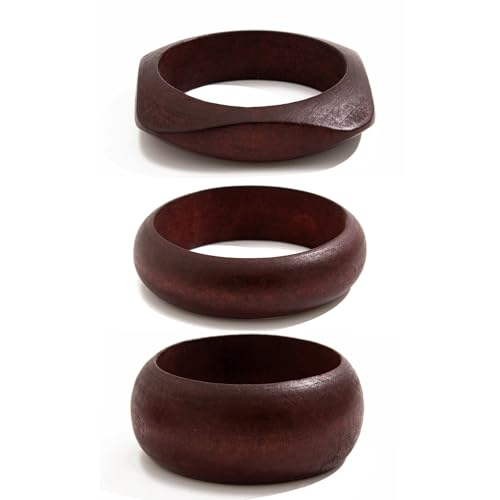 Hclian 3 Pcs Dark Brown Wooden Bangles Bracelets Set Chunky Stackable Statement Bracelets for Women Wide Irregular Geometric Bangles Jewelry Gift