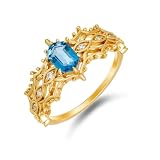 Anillo de boda Au 375/585/750 de oro amarillo auténtico con hexágono azul topacio, vintage, hueco, infinito, oro 9 K/14 K/18 K, talla 47 – 65, Oro amarillo de 9 quilates (375), Topacio