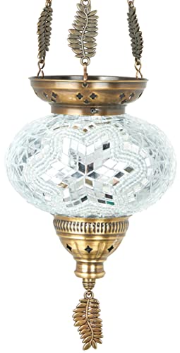 Demmex Turkish Moroccan Colorful Mosaic Bohemian Boho Hanging Candle Holder Lantern With Handmade Colorful Glass Globe And Metal Leaf Chains, 24" (Christmas Snow) #TOP4