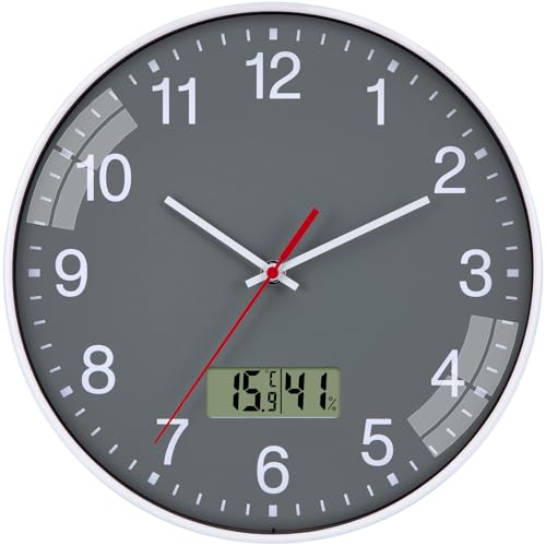 NESIFEE Reloj de Pared sin Ruido de tictac, silencioso, Grande, 30 cm, silencioso, sin tictac, Azul, Pantalla Grigio LCD con Calendario Digital y indicador de Temperatura, termómetro