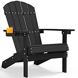 MXIMU Adirondack Chair for Outdoor Garden: All-Season Adirondack Garden Chairs with Cup Holder HIPS Weather-Resistant Garden Furniture - Comfort Adirondack Chairs for Patio/Fire Pit/Deck/Beach(Black)