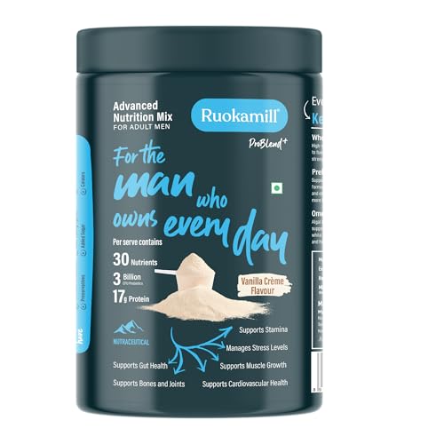 Image of Ruokamill Men High Protein Nutrition Mix | Supports Performance, Stress Reduction & Muscle Recovery | 30 Nutrients, 17g Protein, BCAA, Ashwagandha | Zero Added Sugar | (825g, Vanilla)