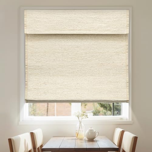 Pasoun Cordless Roman Shades Custom Natural Linen Weaving Roman Blinds Blackout Room Darkening Window Blind Privacy Roll UP Shade for Windows Bedroom Kitchen (Beige Stripe, 46" W x 48" H)