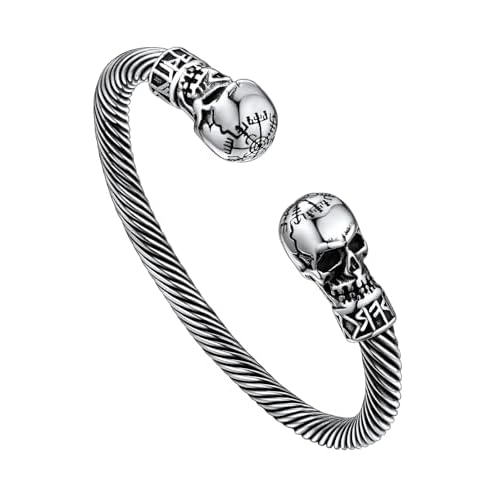 FaithHeart Viking Cuff Bracelets for Men, Silver/Black Stainless Steel Bangle Bracelet Norse Mythology Amulet Talisman Jewelry, Gift Box Skull Celtic-Silver