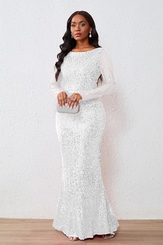 Image of VERWIN Women's Sequins Bodycon Round Neck Long Sleeve Sparkly Mermaid Maxi Dress for Casual Party Cocktail