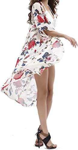 Womens Sheer Beach Cover Ups Swimwear Blouse Loose Tops Kimono Floral Print Cardigan Small Beige