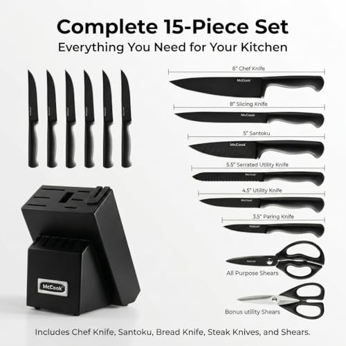 Image of McCook Knife Sets,German Stainless Steel Knife Block Sets with Built-in Sharpener, 15-Piece Razor-Sharp Kitchen Knives with Ergonomic Handles, Elegant Box for Gift, Black