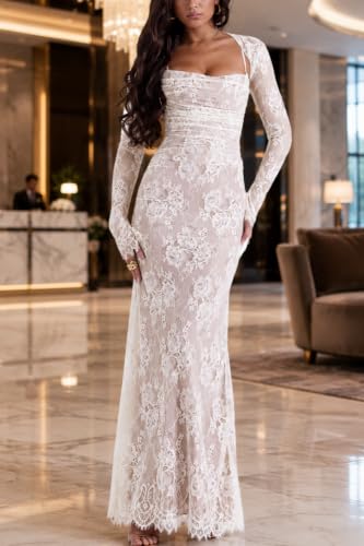 Image of Women Vintage Cream Lace Maxi Dress Romantic Long Sleevees Lace Bodycon Dress