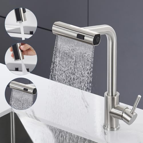 Ulytid Wasserhahn Küche ausziehbar, 360° drehbar, gebürstete Küchenarmatur | 3 Strahlarten, Wasserfall, Einhebelmischer, Hochdruck, 304 Edelstahl, Keramikkartusche, einfache Montag