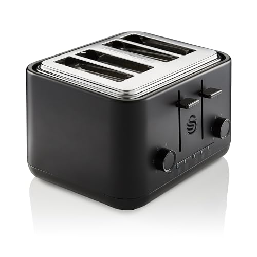 Swan ST34040BLKN Stealth 4-Slice Toaster with Defost/Reheat/Cancle Functions, Cord Storage, 1630W, Matte Black