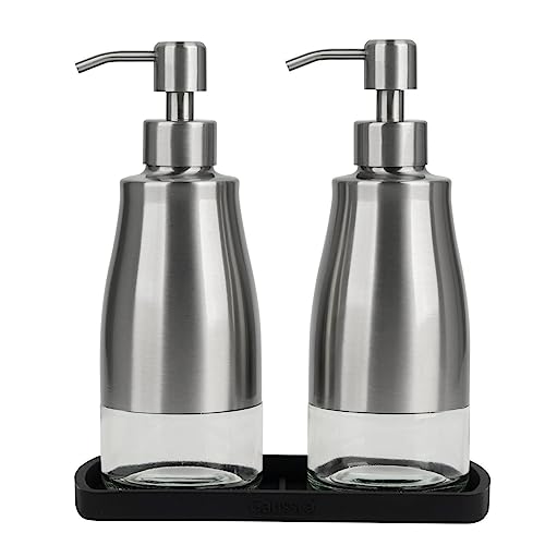 Gaussra Kitchen Soap Dispenser Set with Silicone Tray and Stickers - Brushed Nickel, Stainless Steel Glass Soap Dispenser Bathroom, Refillable Hand Dish Dispenser for Kitchen Sink