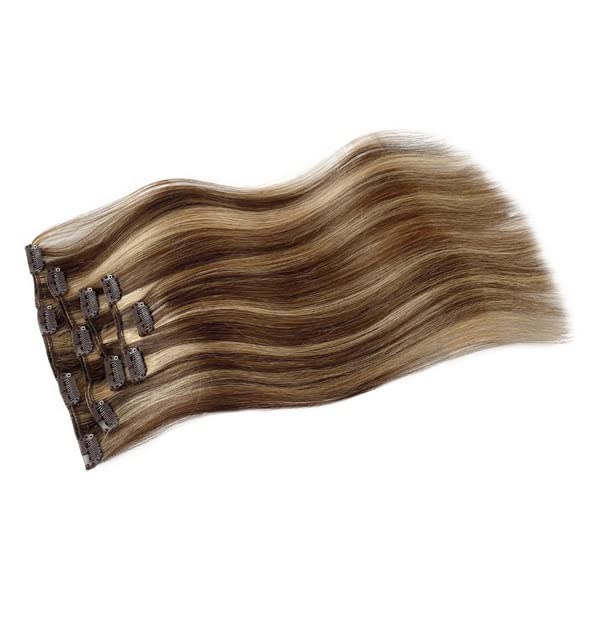 Image of Clip in Hair Extensions Real Human Hair Blonde Balayage Brown Seamless Silky Straight 22 Inch Clip ins Hair Extensions Blonde Highlights on Brown Hair 70g 5pcs