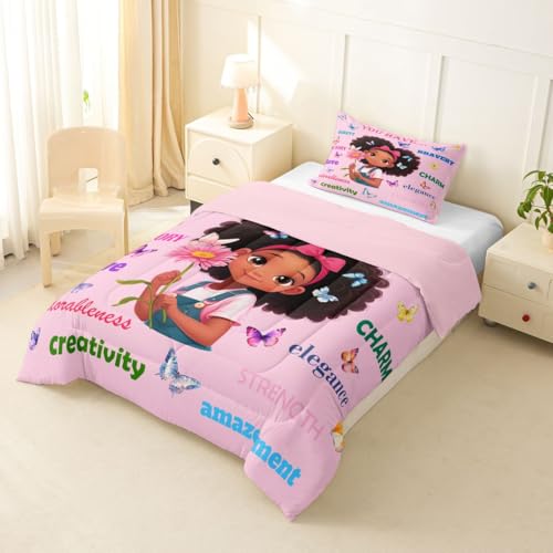 Image of Erosebridal Black Girls Magical Bedding Set Butterflies Inspirational Quotes Toddler Comforter Set African American Comforter Afro Black Princess Girl Duvet Insert for Nursery Kids Pink Room Decor