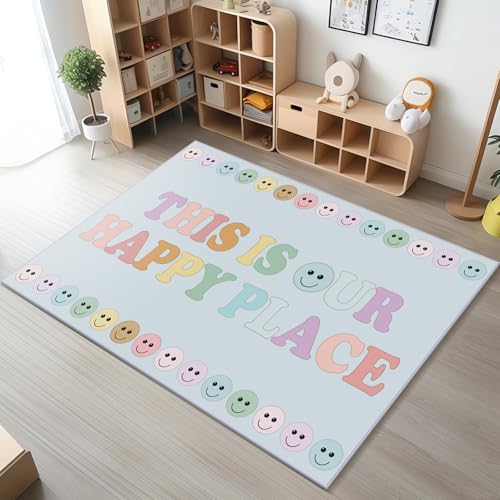 Image of Drydiet 5 x 7.5 ft School Style Pastel Rainbow This is Our Happy Place Educational Area Rug for Student Large Multicolor Classroom Blanket Pastel Play Carpet for Teaching Playroom