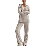 zoogobee Womens Pyjamas Set Nightwear, Ladies Ribbed 2 Piece Outfits Loungewear Sets Wide Leg Trousers Sleepwear Homewear (UK, Alpha, M, Regular, Regular, Apricot)