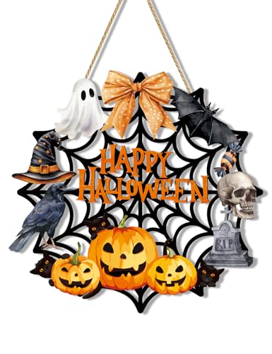 Halloween Wreaths for Front Door Welcome Sign Happy Halloween Wall Decorations Wooden Spider Web Ghost Black Cat Pumpkin Hanging Wall Decor Indoor Holiday Decor