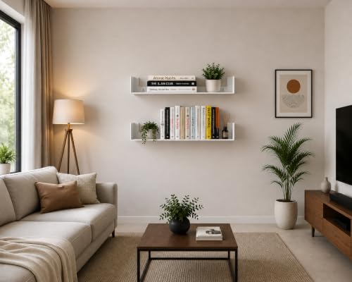 Image of myl White Metal Wall Mounted Floating Shelf, U-Shape Storage Rack