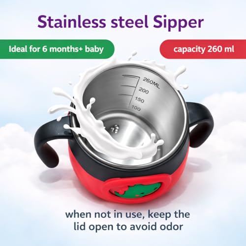 Image of THE LITTLE LOOKERS Stainless Steel Sipper Bottle 260ml | 316 Grade SS | BPA Free | Suitable for Hot & Cold | Travelling Bottle for Kids & Toddler | Training Sippy Cup with Straw /Spout (Red)