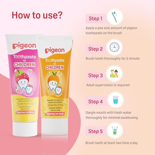 Image of Pigeon Children Toothpaste Tripack 45 g (2 Orange + 1 Strawberry) | Fluoride & SLS Free | Colour & Paraben Free | pH-Balanced Gentle Oral Care