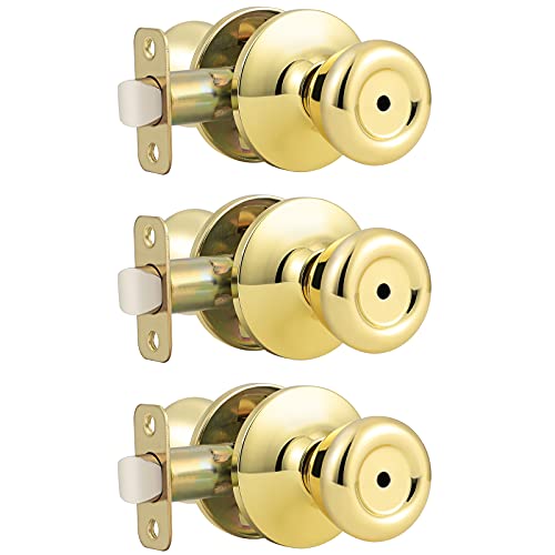 GOBEKOR 3 Pack Privacy Door Knobs Interior Polished Brass Keyless Interior Door knobs for Bedroom Bathroom Tulip Privacy Door Lock