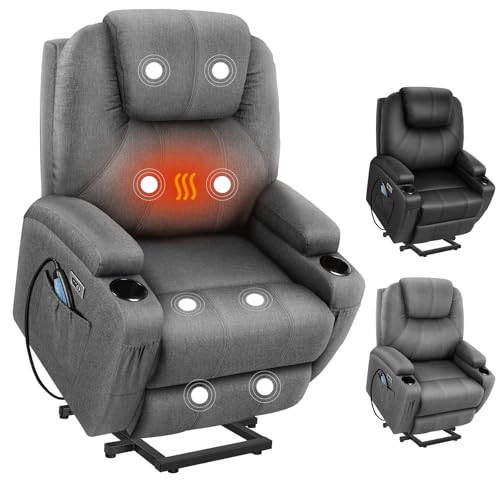 ALFORDSON Recliner Chair with Dual USB Charging Ports, Electric Heated Massage Armchair Fully Automatic Lifting and Reclining, Grey Linen Fabric Lounge Sofa Remote Control for Home Room and Office