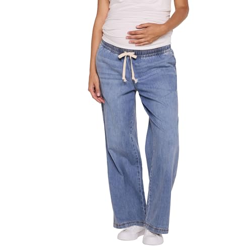 Motherhood Maternity Womens Under the Belly Tie Waist Relaxed Wide Leg Lightweight Denim Pregnancy Pants Hansel Wash Large