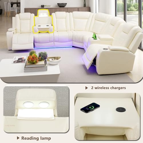 Image of Power Recliner Sectional Sofa Set with LED Light,L Shaped Leather Sectional Couch Set with 5 Recliner Seats,Modular Couches with USB Ports for Living Room Furniture,Cream White