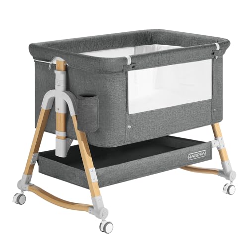 HARPPA Cuddly™ 3 in 1 Baby Bassinet Bedside Sleeper(Mosquito Net Included), Five-Position Adjustable Bedside Crib with Storage for Newborns, Portable Bassinet with Anchor Strap (Wood Grain, Grey)