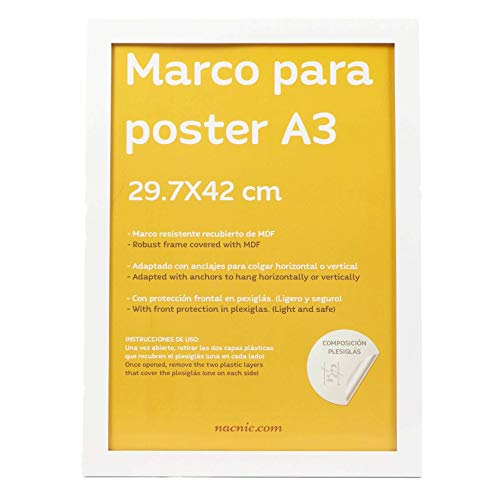 Nacnic Marco Blanco para Fotos, Posters, láminas, Diplomas. Tamaño(A3-29.7x42 cm).Robusto de MDF...