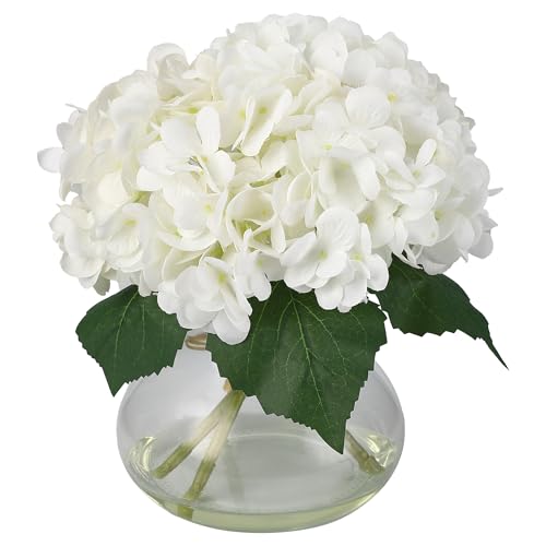GarveeHome Artificial Hydrangea Flowers with Glass Vase & Fake Water - Faux Hydrangea for Home Table, Wedding Party, Office Decor | Realistic Fake Hydrangeas, Silk Flowers for Vase Arrangement(Hydrange