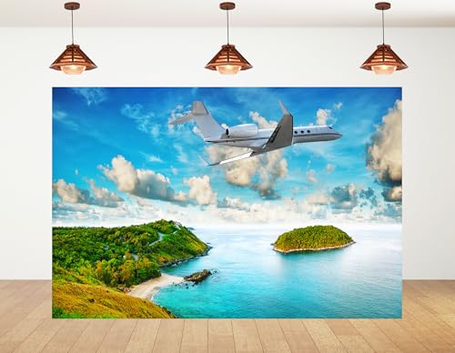 9x6ft Private Jet Over Tropical Island Backdrop Luxury Travel Ocean Landscape Photography Background for Party High End Vacation Event Decorations Tapestry Photo Booth Props