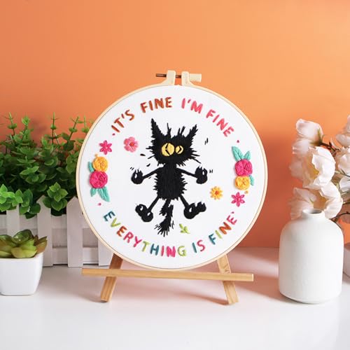 Louise Maelys Kit de bordado de gato fofo para iniciantes, adultos, kit de ponto cruz com estampa de