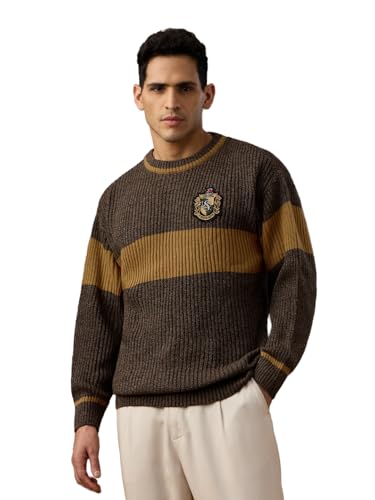 Image of The Souled Store Harry Potter: Lion's House Men and Boys Full Sleeves Crew Neck Striped Acrylic Ribbed Knit Pop-Culture Oversized Pullovers