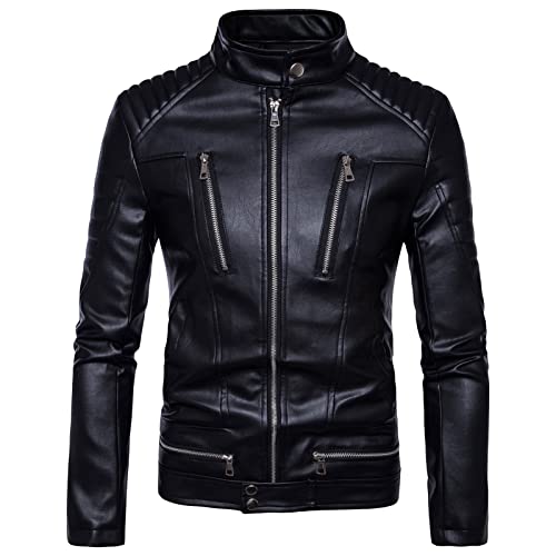 JEsilunmaMY Men's Multi-Pocket Biker Coat Zip Up Slim Fit Leather Bomber Jacket Fashion Fall Motorcycle Outwear with Pocket (Black,3X-Large)