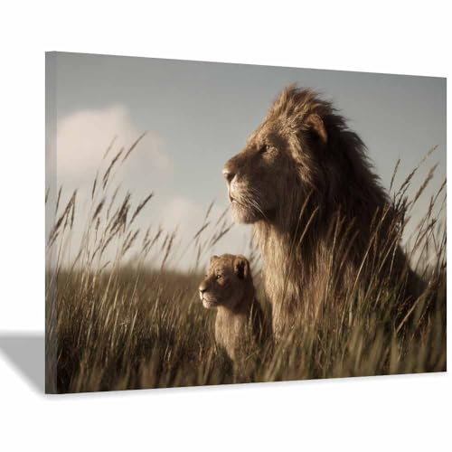Lions sur les prairies tableau déco brun pour insuffler de la force à votre intérieur