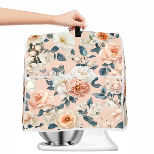 Image of Kitchen Dust Cover Compatible with 4.5 5 6 8 quart Stand Mixer, Kitchen Appliance Protective Covers with Top Handle and Pocket (Cream Peach Floral Garden, For All 6-8 qt Mixer)